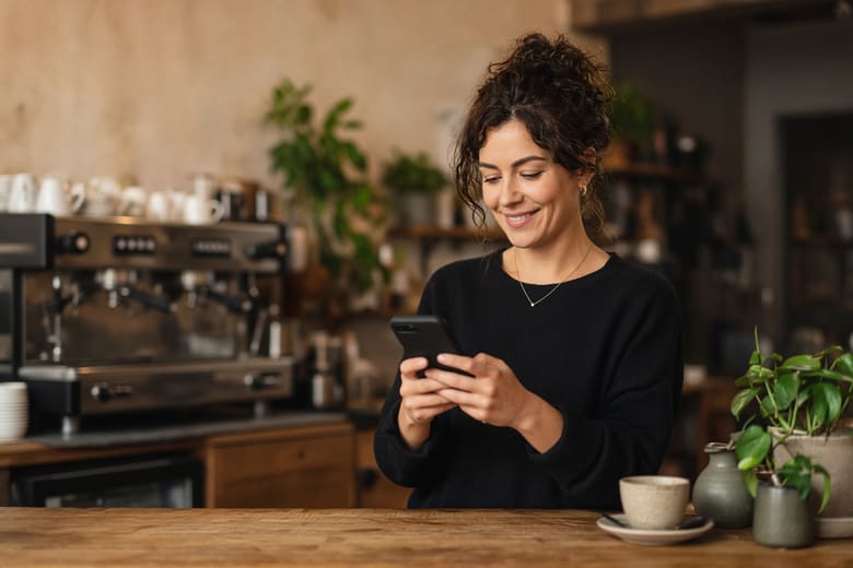 Cafe owner reviewing a phone