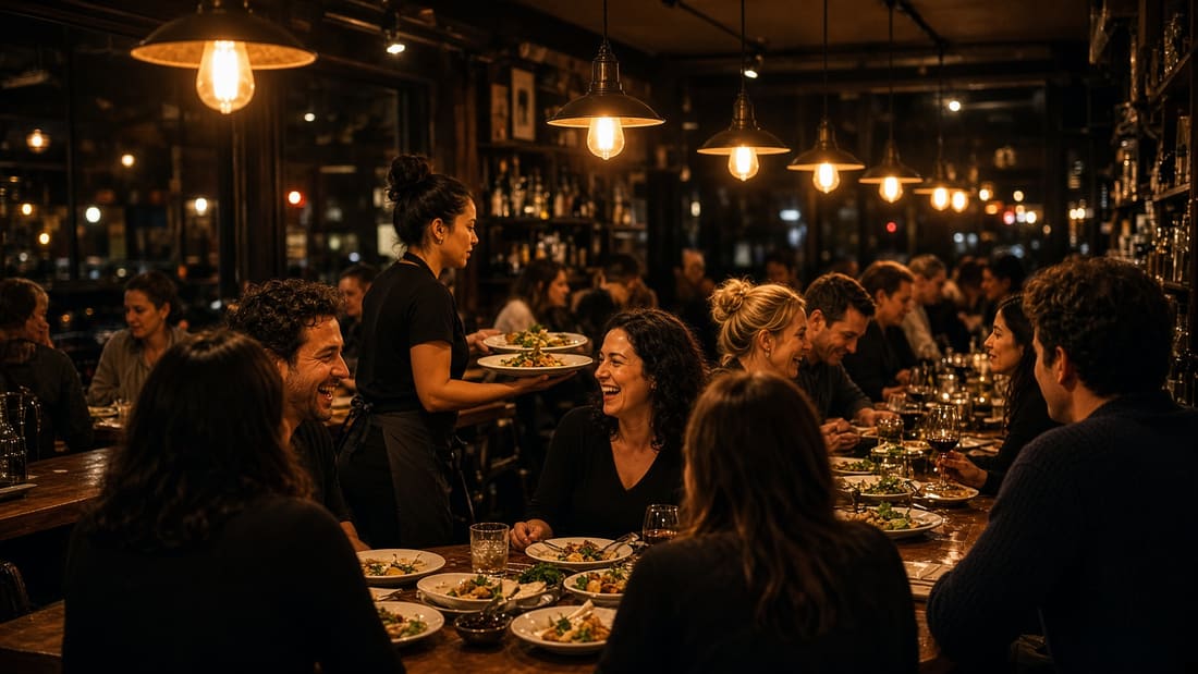 Busy neighborhood restaurant at night